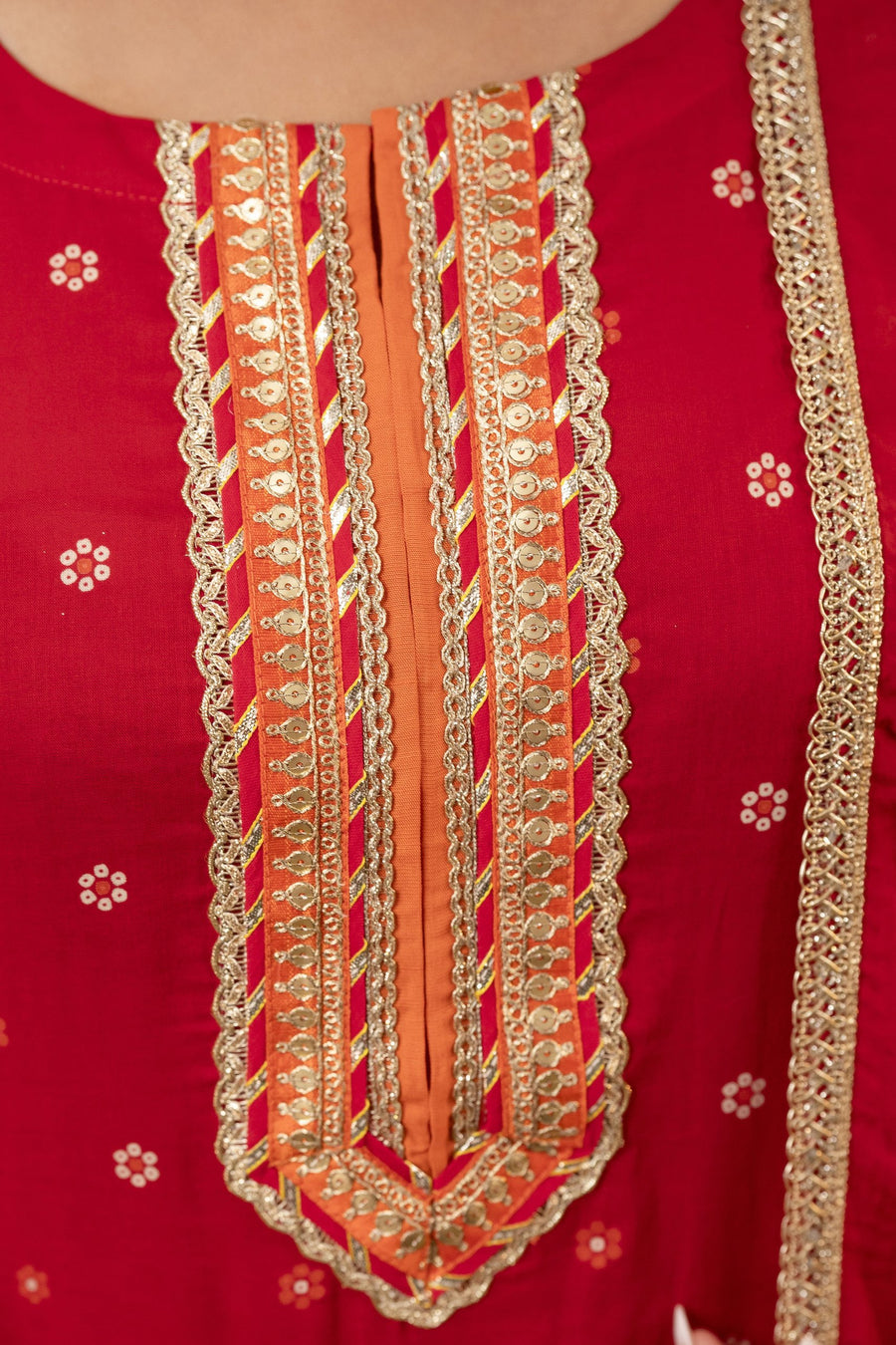 Gota Work Red Cotton Suit set with Organza Dupatta