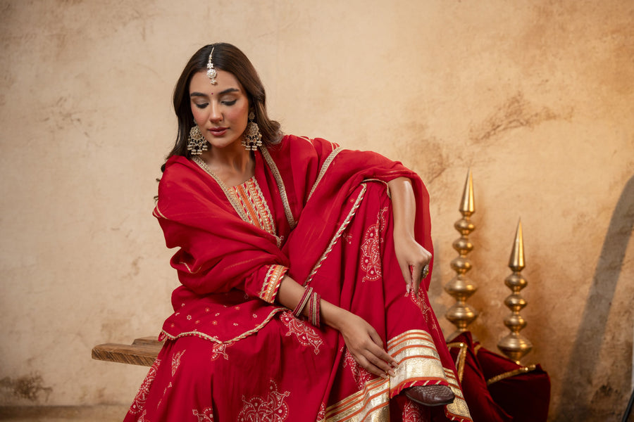 Gota Work Red Cotton Suit set with Organza Dupatta