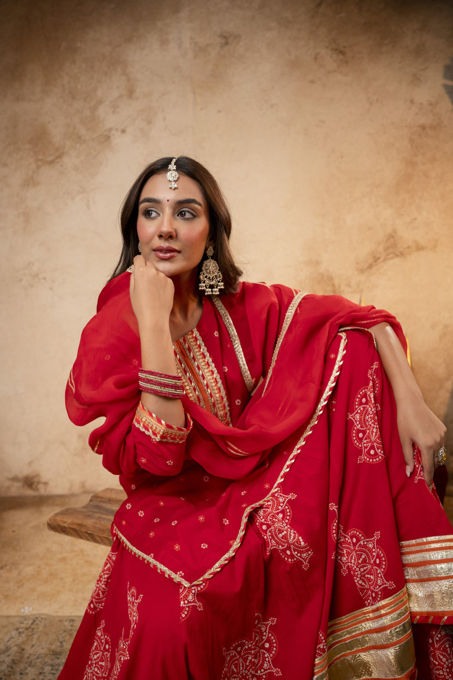 Gota Work Red Cotton Suit set with Organza Dupatta