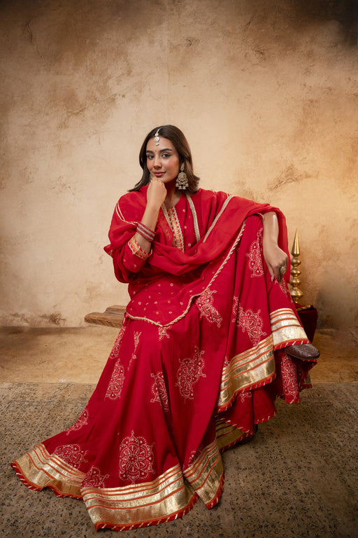 Gota Work Red Cotton Suit set with Organza Dupatta