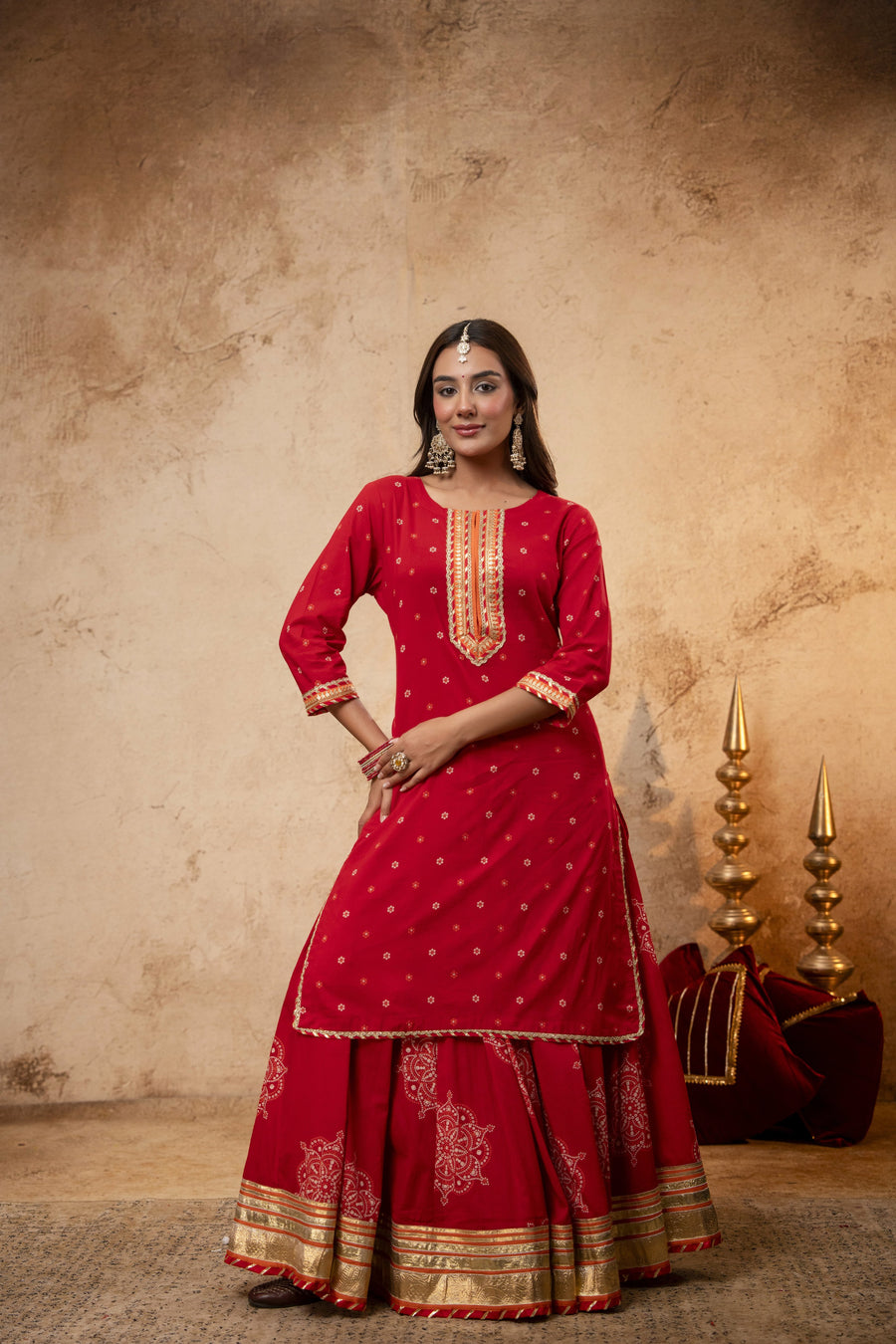Gota Work Red Cotton Suit set with Organza Dupatta