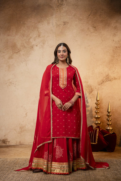 Gota Work Red Cotton Suit set with Organza Dupatta
