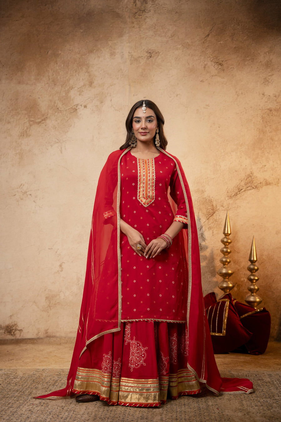 Gota Work Red Cotton Suit set with Organza Dupatta
