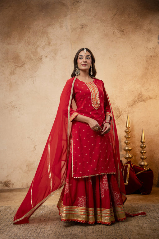 Gota Work Red Cotton Suit set with Organza Dupatta