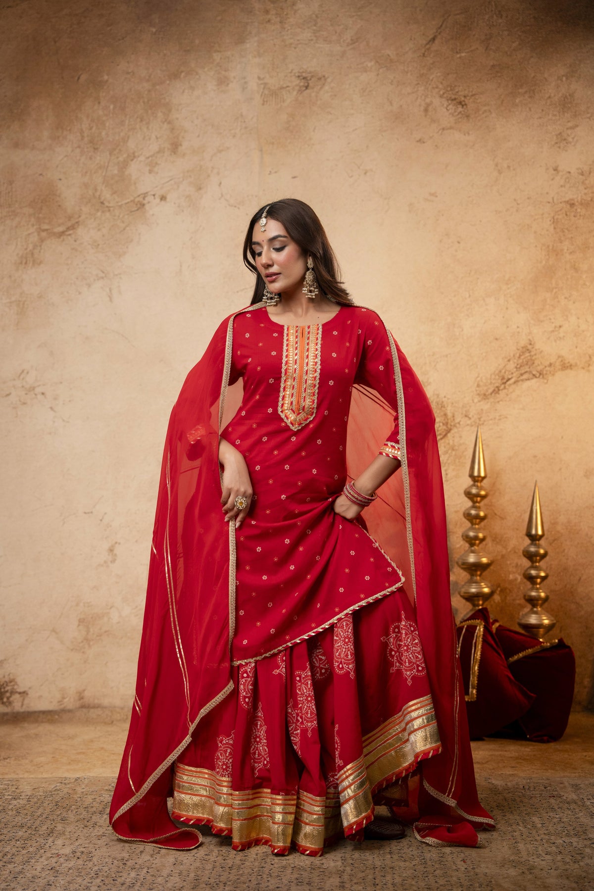 Gota Work Red Cotton Suit set with Organza Dupatta