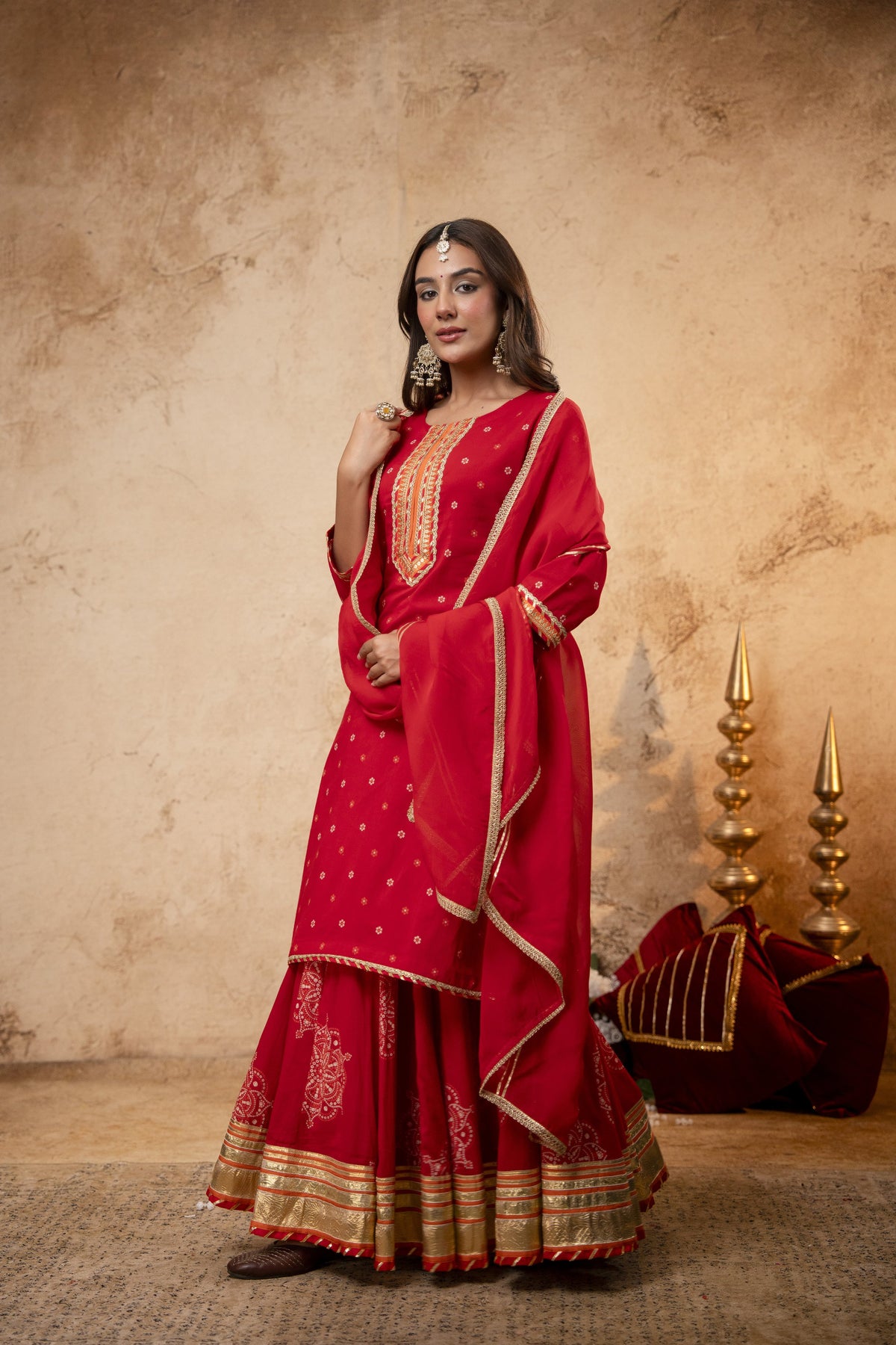 Gota Work Red Cotton Suit set with Organza Dupatta
