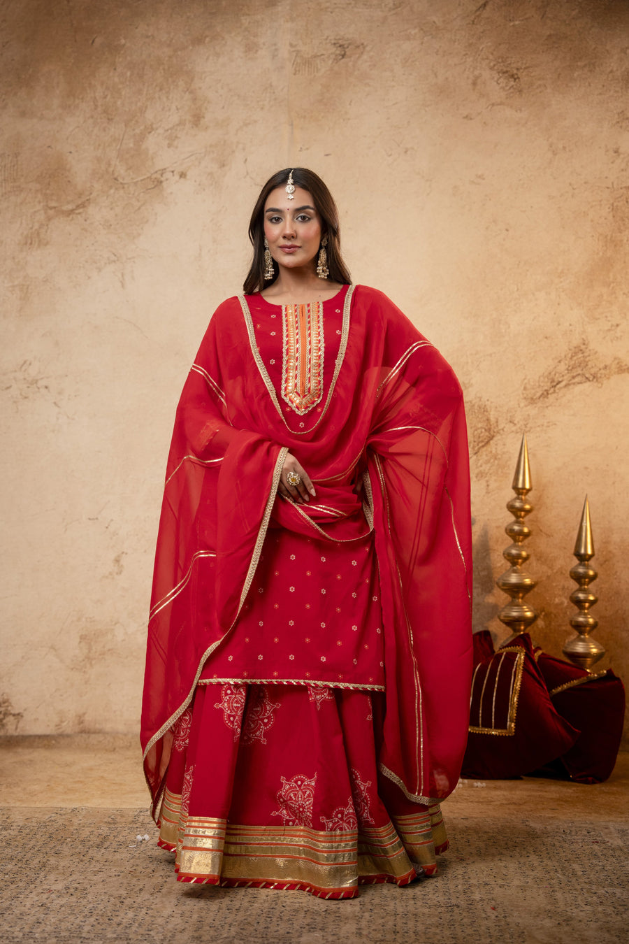 Gota Work Red Cotton Suit set with Organza Dupatta