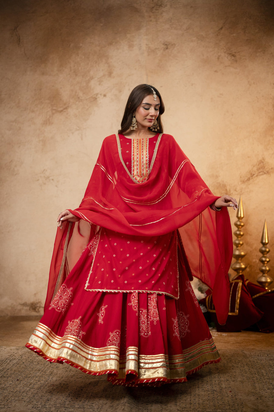 Gota Work Red Cotton Suit set with Organza Dupatta