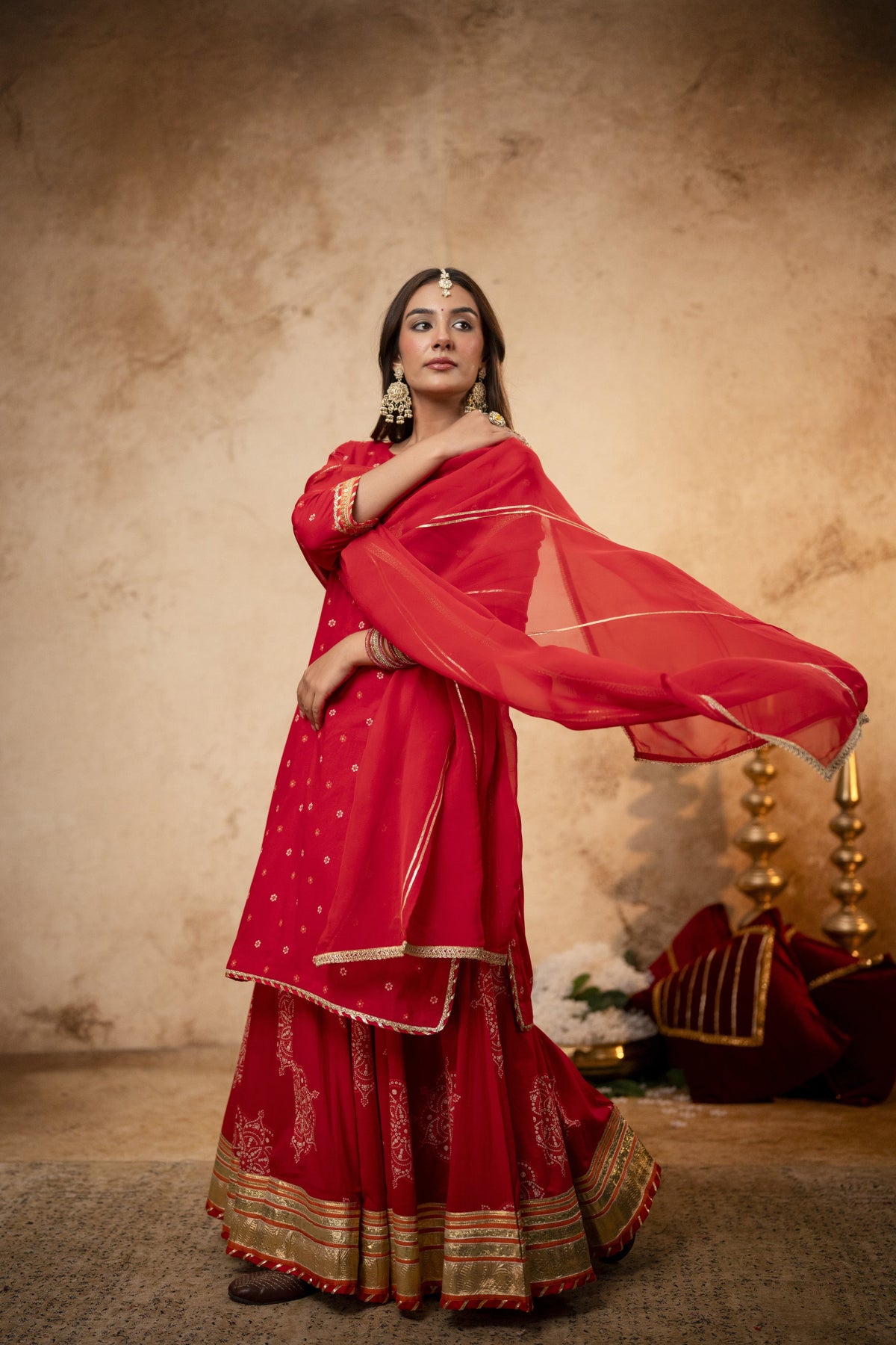 Gota Work Red Cotton Suit set with Organza Dupatta