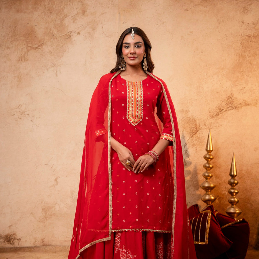 Gota Work Red Cotton Suit set with Organza Dupatta