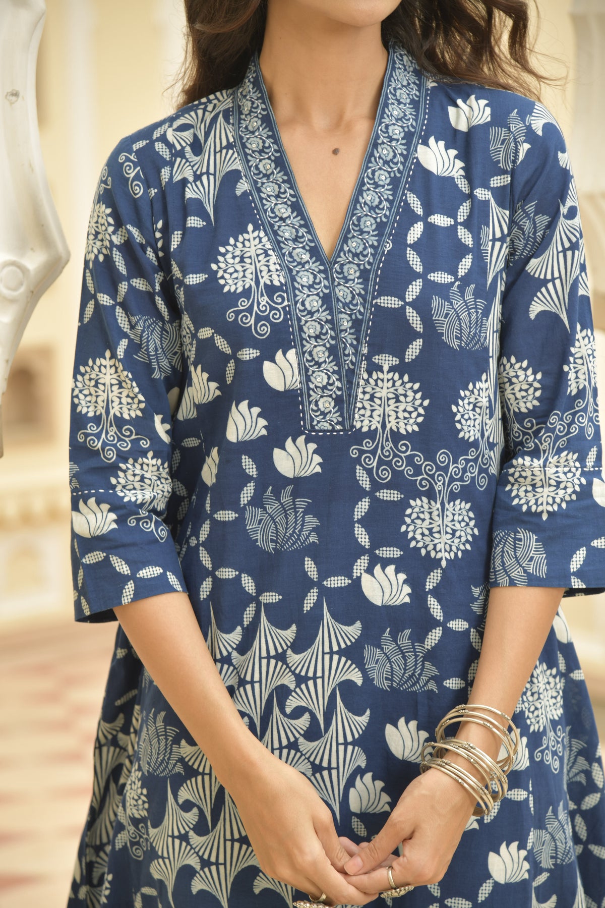 Indigo Dabu Printed Cotton Kurta Pant Set