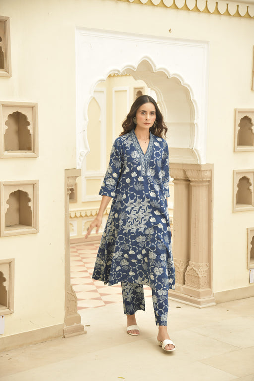 Indigo Dabu Printed Cotton Kurta Pant Set