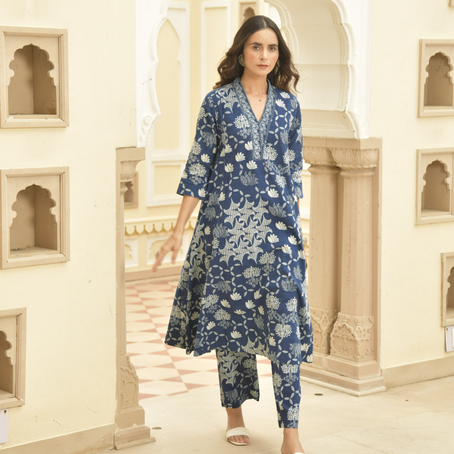 Indigo Dabu Printed Cotton Kurta Pant Set