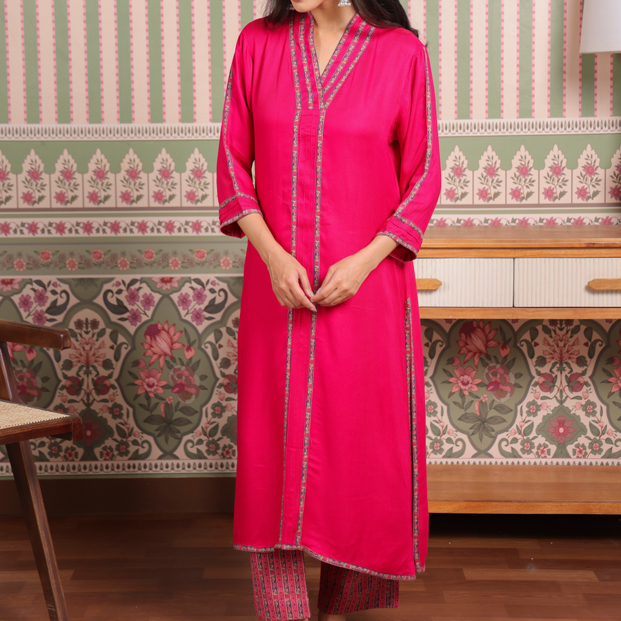 Pink Cotton Twill Kurta with Printed Cotton Pant