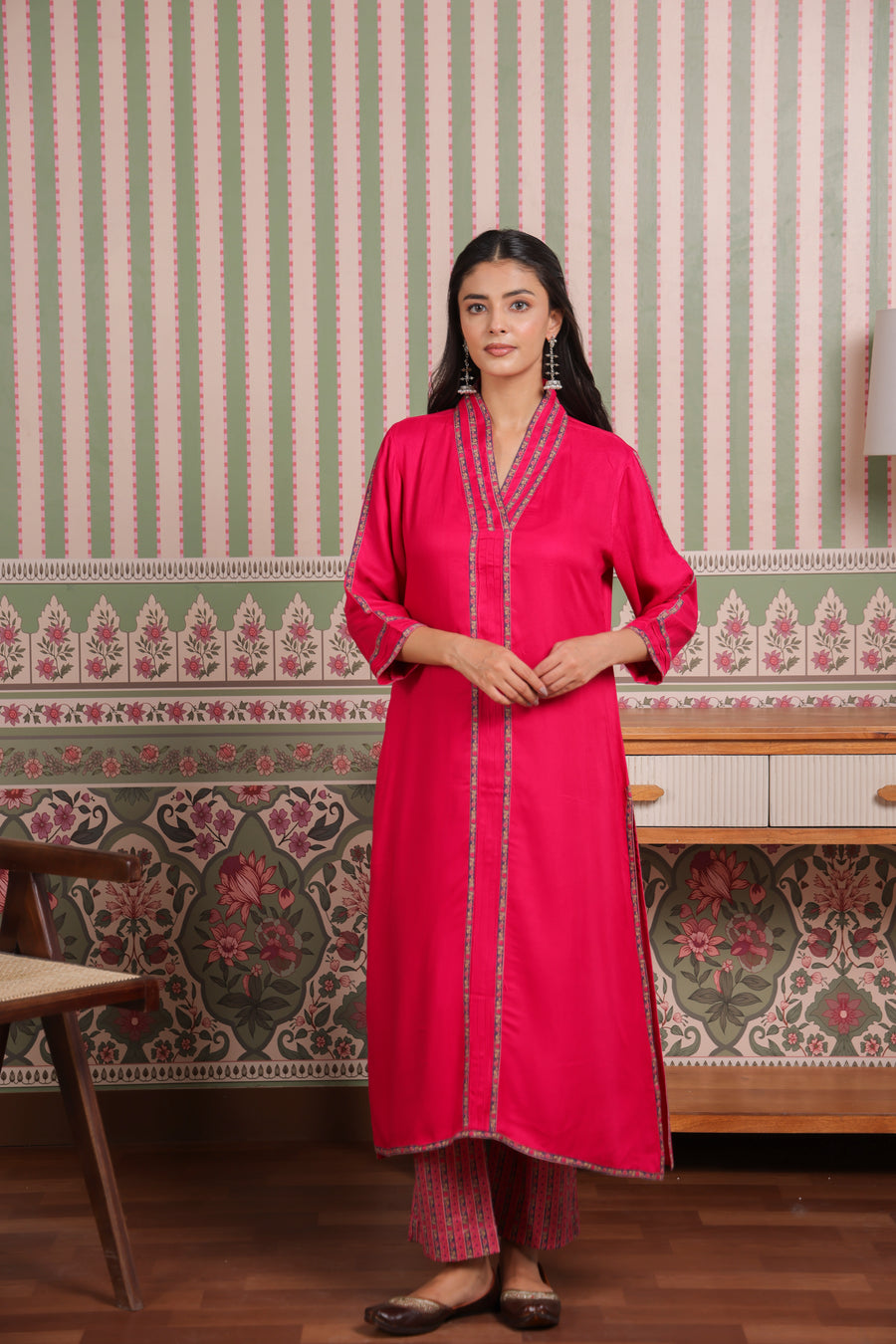 Pink Cotton Twill Kurta with Printed Cotton Pant