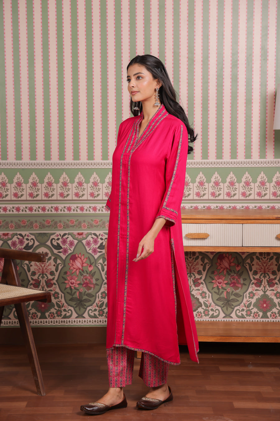 Pink Cotton Twill Kurta with Printed Cotton Pant
