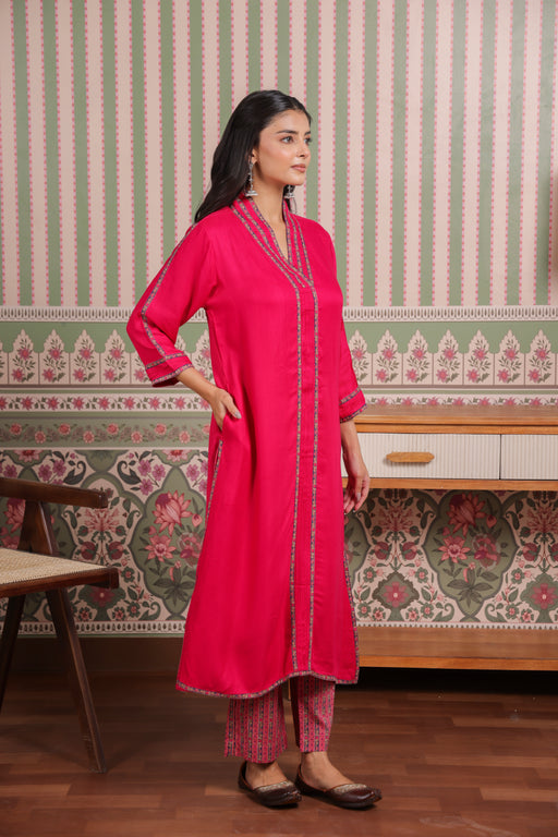 Pink Cotton Twill Kurta with Printed Cotton Pant