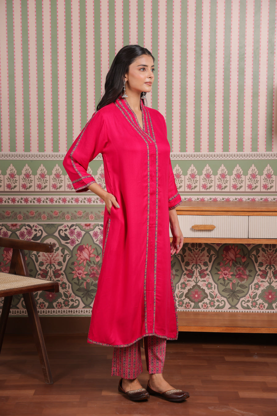 Pink Cotton Twill Kurta with Printed Cotton Pant