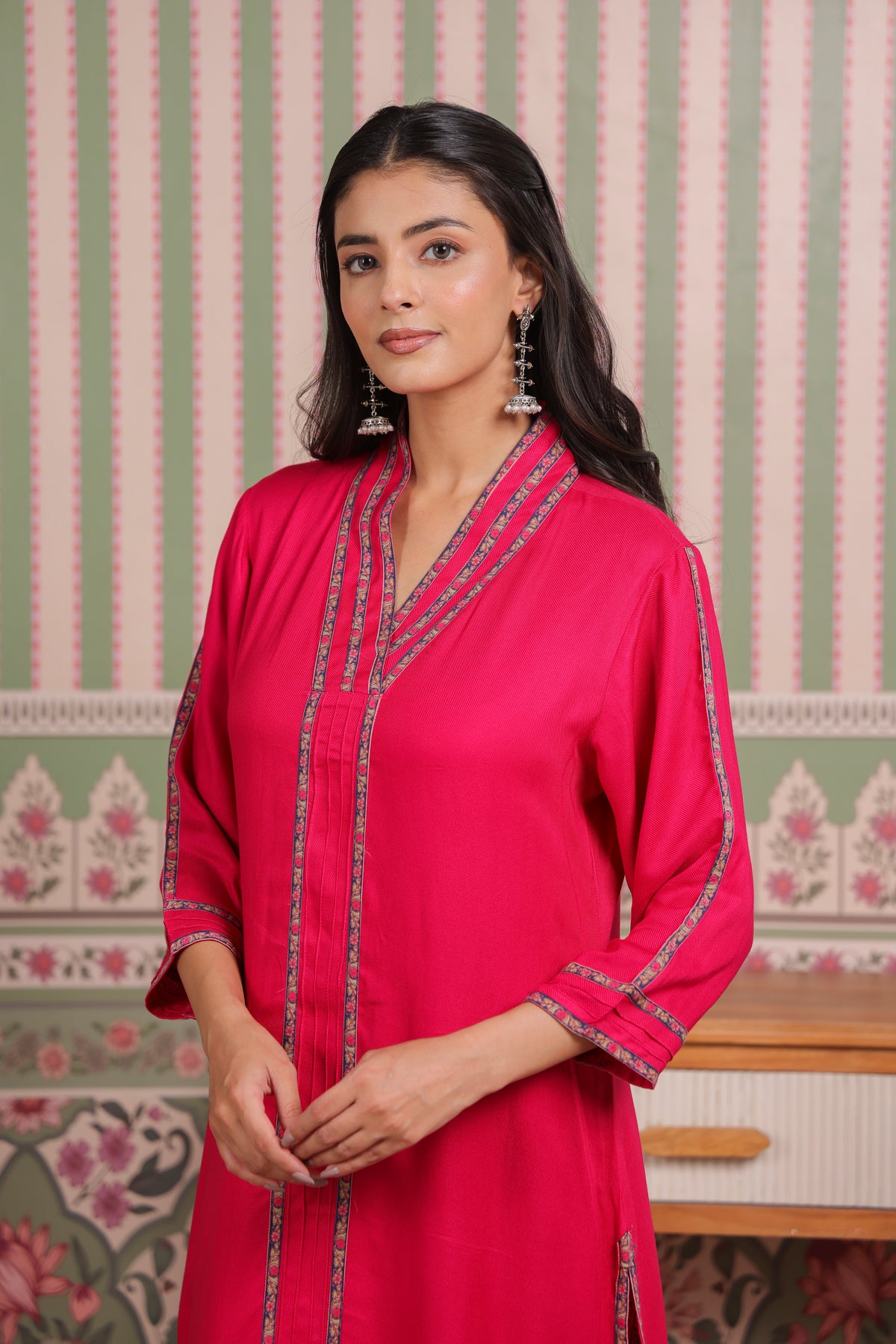 Pink Cotton Twill Kurta with Printed Cotton Pant