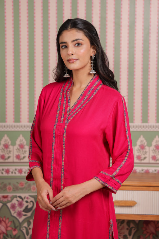 Pink Cotton Twill Kurta with Printed Cotton Pant