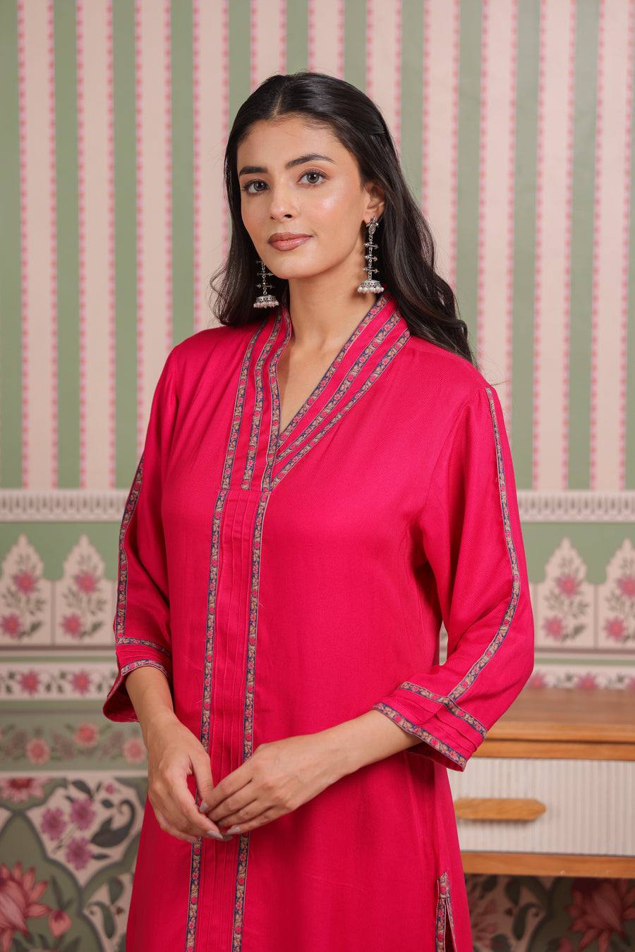 Pink Cotton Twill Kurta with Printed Cotton Pant