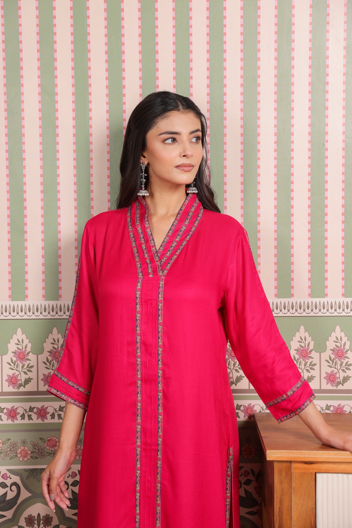 Pink Cotton Twill Kurta with Printed Cotton Pant