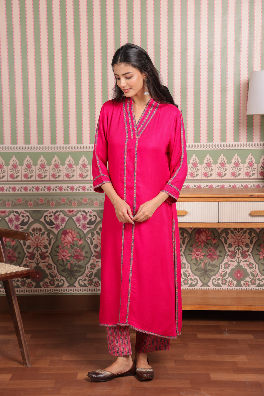 Pink Cotton Twill Kurta with Printed Cotton Pant