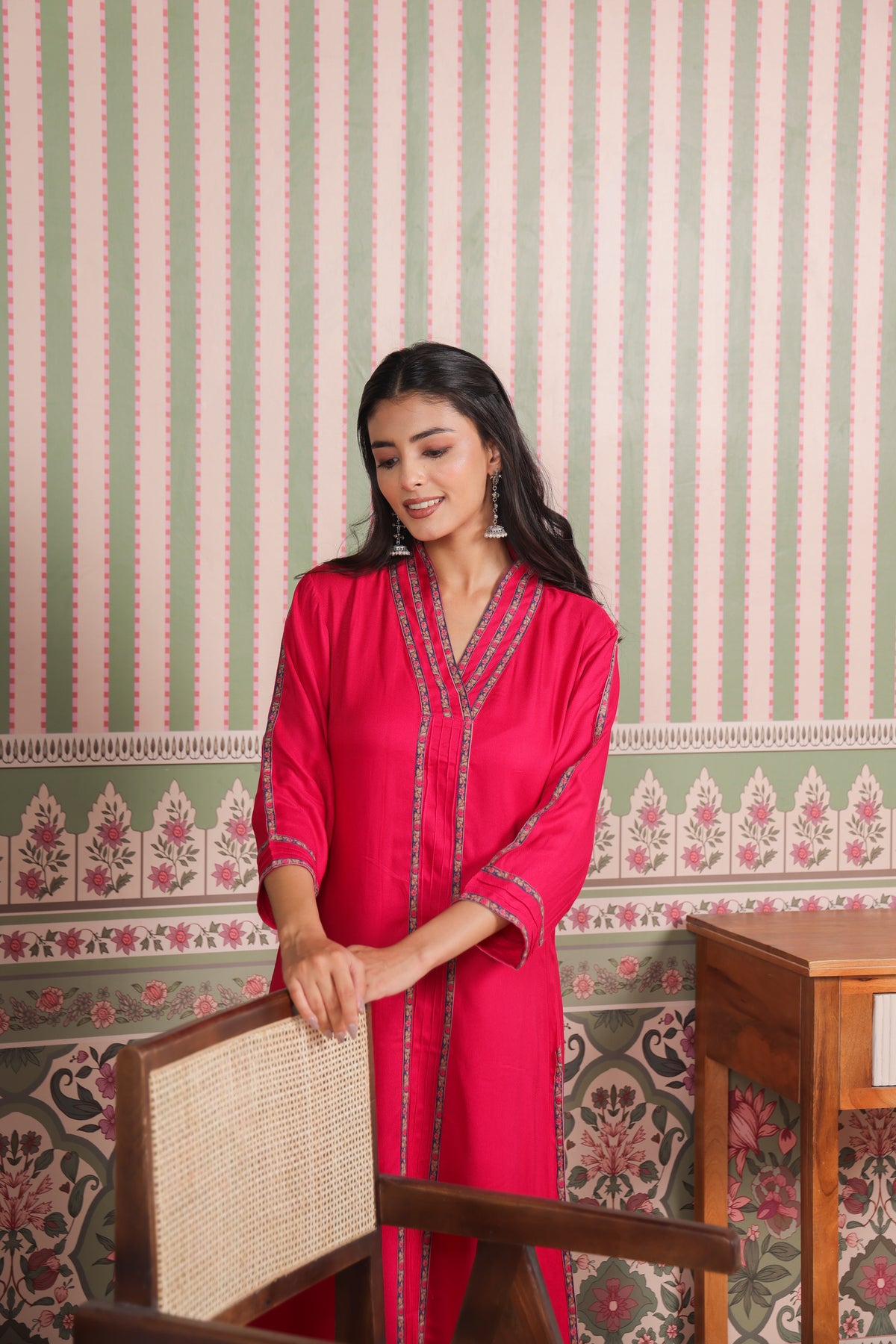 Pink Cotton Twill Kurta with Printed Cotton Pant