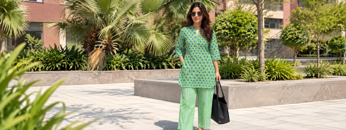 Model wearing a pink Ekohum kurta set