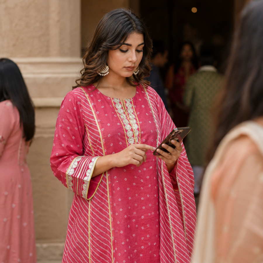 Rani pink festive embroidered Kota Doria suit set - square - EKOHUM