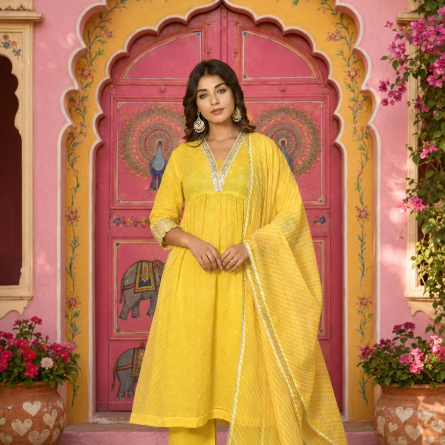 Yellow festive embroidered Kota Doria suit set - square - EKOHUM