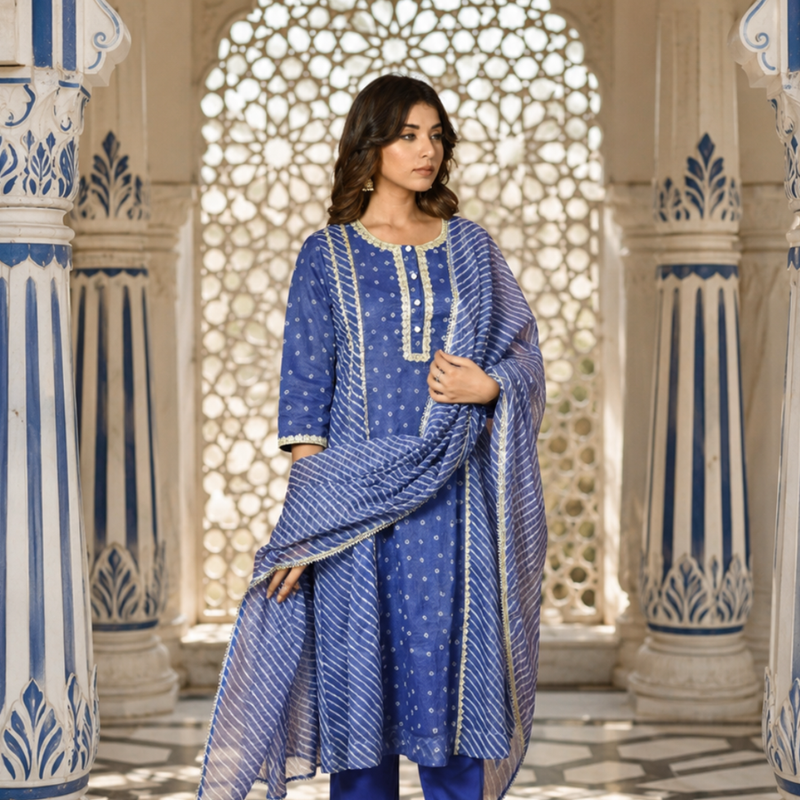 Royal blue festive embroidered Kota Doria suit set - square - EKOHUM