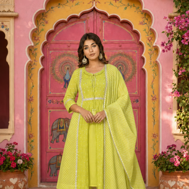 Parrot Green Embroidered Kota Doria Suit Set with Dupatta