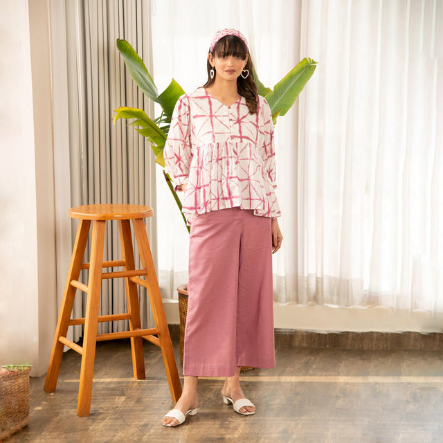 Mauve and White Shibori Print Loose Fit Top