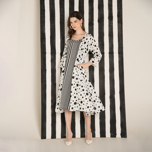 Monochrome Polka Dot Cotton Over-sized Long Shrug with Stripes Inner.