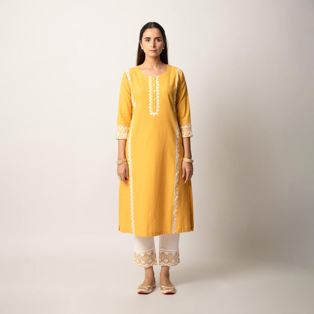 Mustard Aari Embroidered Straight Kurta with Pant