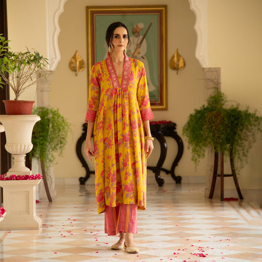Mustard Printed Viscose Modal A-line Gathered Yoke Kurta with Pink Printed Pant