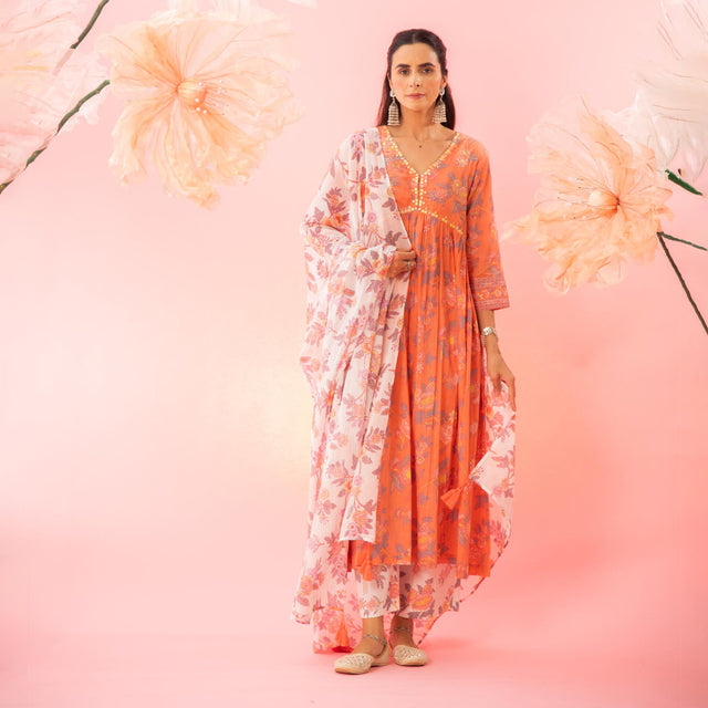 Orange Floral Printed A-Line Kurta Palazzo Dupatta Set