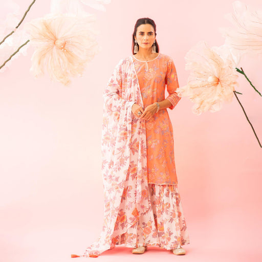 Orange Floral Printed Cotton Kurta Sharara Dupatta Set