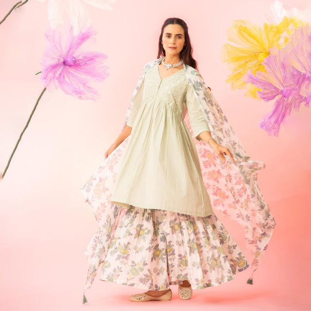 Pastel Green Cotton Kurta Sharara Dupatta Set