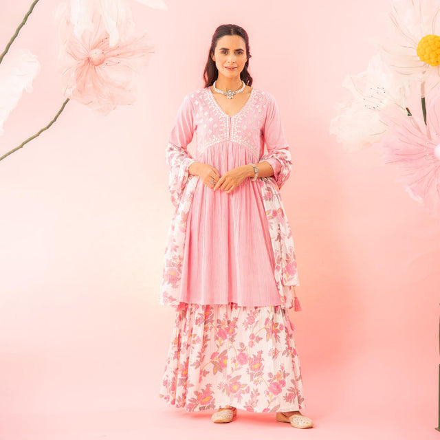 Pastel Pink Cotton Kurta Sharara Dupatta Set