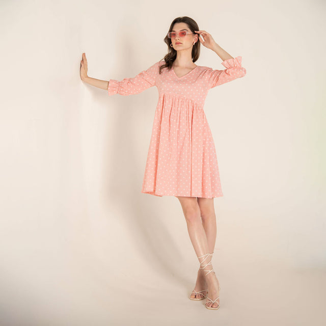 Pastel Pink Polka Dot Gathered Dress.