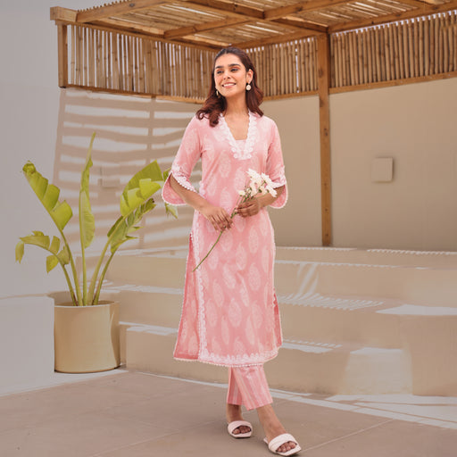 Peach Paisley Printed Cotton Kurta Pant Set With Lace Detail