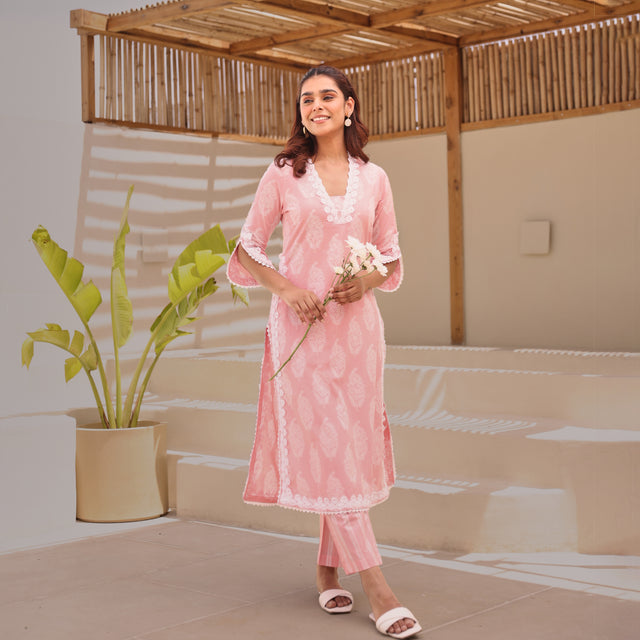 Peach Paisley Printed Cotton Kurta Pant Set With Lace Detail