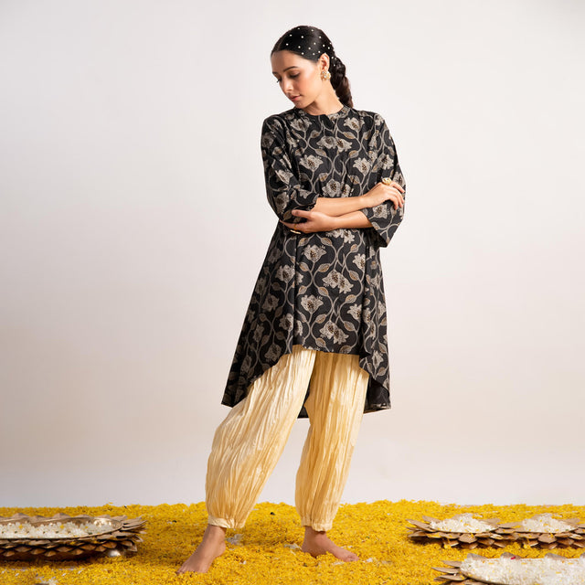 Black Gold Print Up and Down Flared Kurta