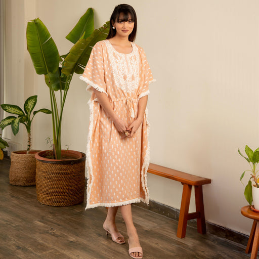 Peach Printed Cotton Embroidered Kaftan