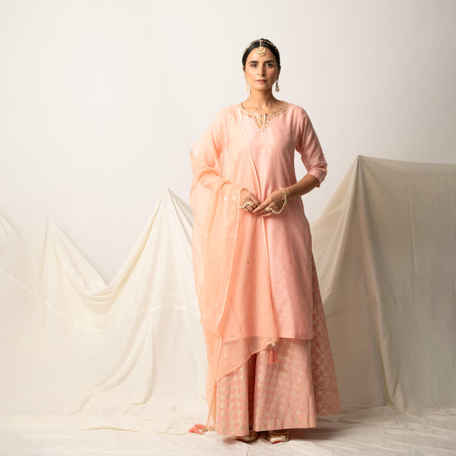 Peach Silk Chanderi Kurta Skirt with Doriya Dupatta