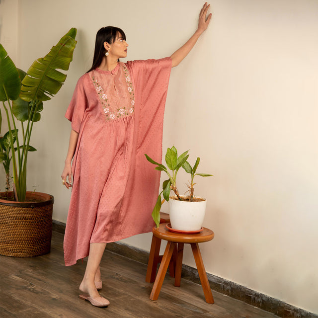 Peach silk Embroidered kaftan