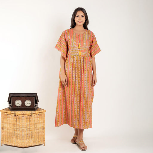 Peach Yellow Ethnic Motifs Printed Kaftan