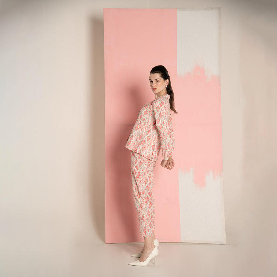 Pink Ikat Print Cotton Flex Lapel Coat Co-Ord (Set of 3)